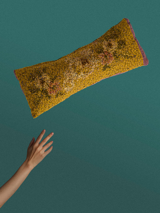 By Walid - 18th-Century Needlepoint Wool, Silk and Linen Cushion (19.5in/50cm) - Yellow - ABASK