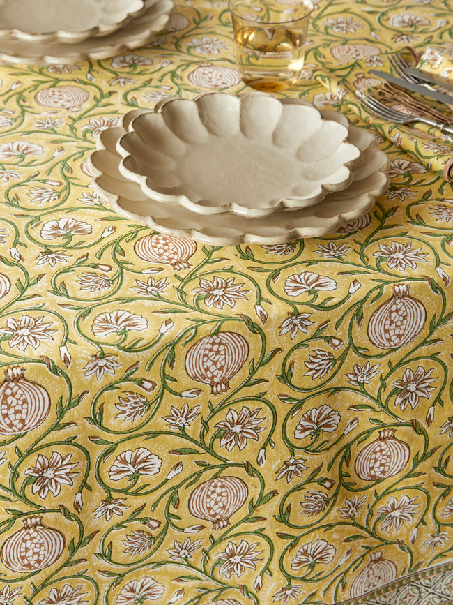 Chamois - Tangier Pomegranate Block-Printed Cotton Rectangular Tablecloth (138in/3.5m) - Yellow - ABASK