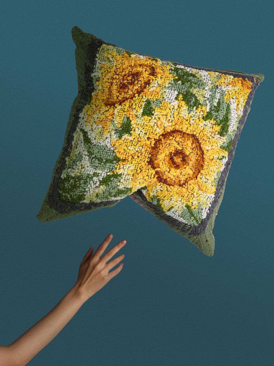 By Walid - 1920s French Needlepoint Wool and Ticking Fabric Cushion (19in/48cm) - Multiple - ABASK