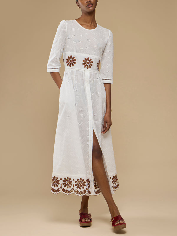 Loretta Caponi - Uva Embroidered Cotton Long Dress | Size: S - White - ABASK