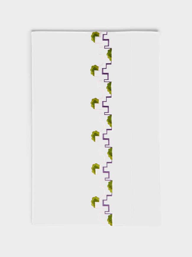 Loretta Caponi - Geometric Hand-Embroidered Cotton King-Size Top Sheet - White - ABASK - 