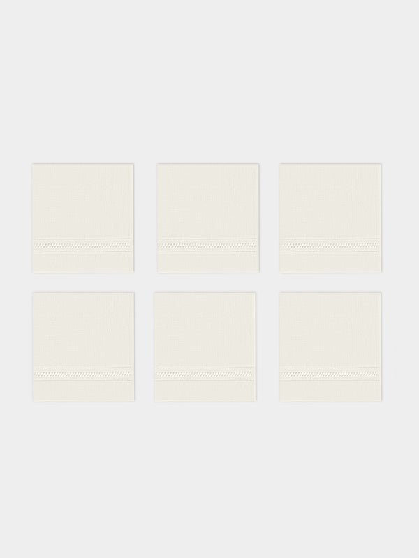 Volga Linen - Diamond-Stitch Linen Napkins (Set of 6) - White - ABASK