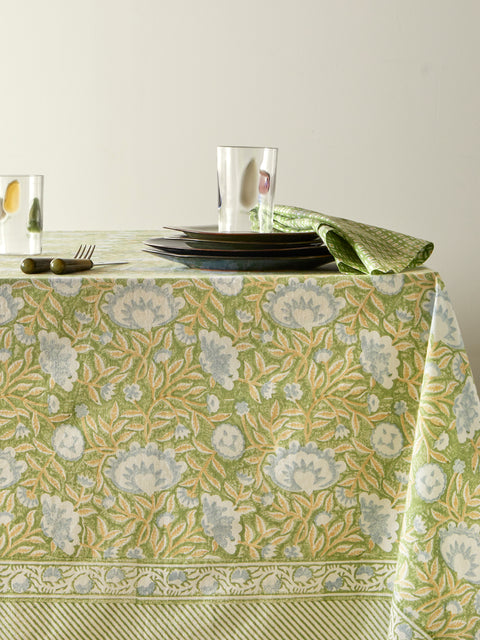 Chamois - The Garden of Mathilde Block-Printed Cotton Rectangular Tablecloth (90.5in/2.3m) - Green - ABASK
