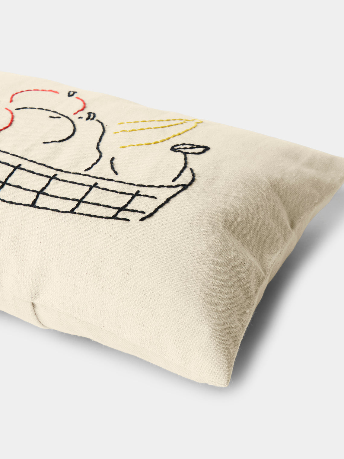 Oeuvres Sensibles - Fruit Bowl Hand-Embroidered Cotton and Hemp Linen Cushion (15.5in/40cm) - Cream - ABASK