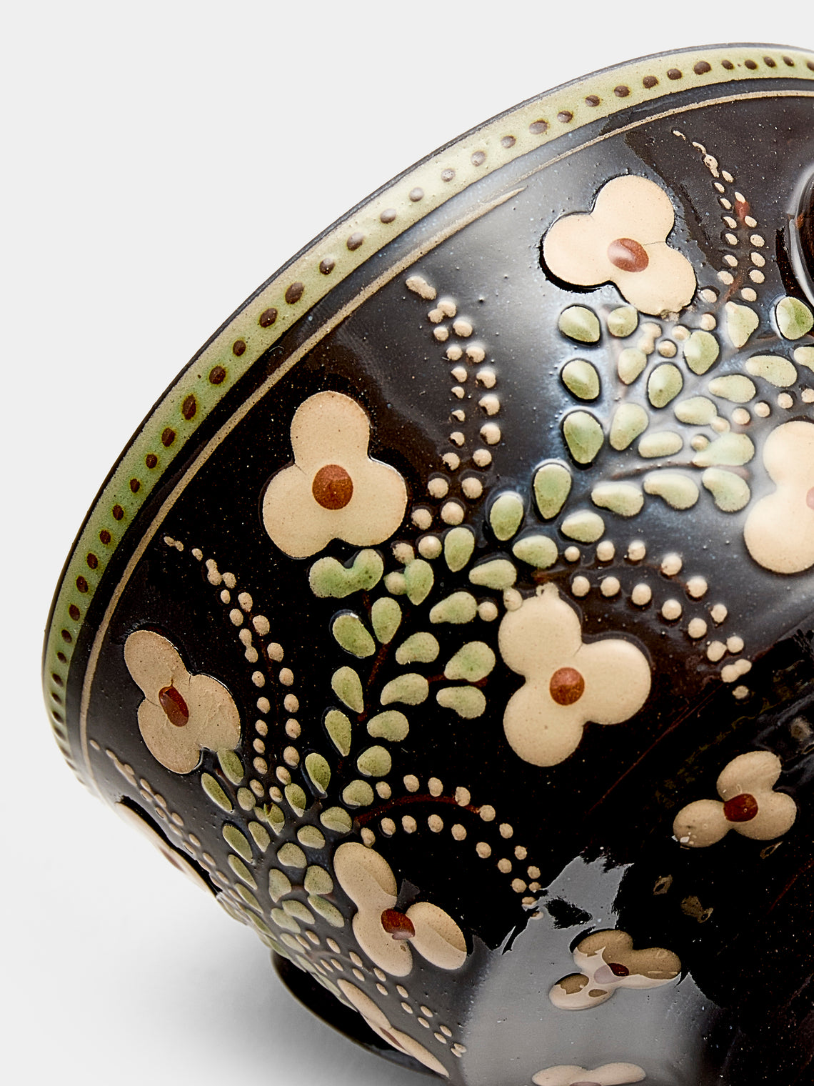 Poterie d’Évires - Flowers Hand-Painted Ceramic Small Raised Bowl - Dark brown - ABASK