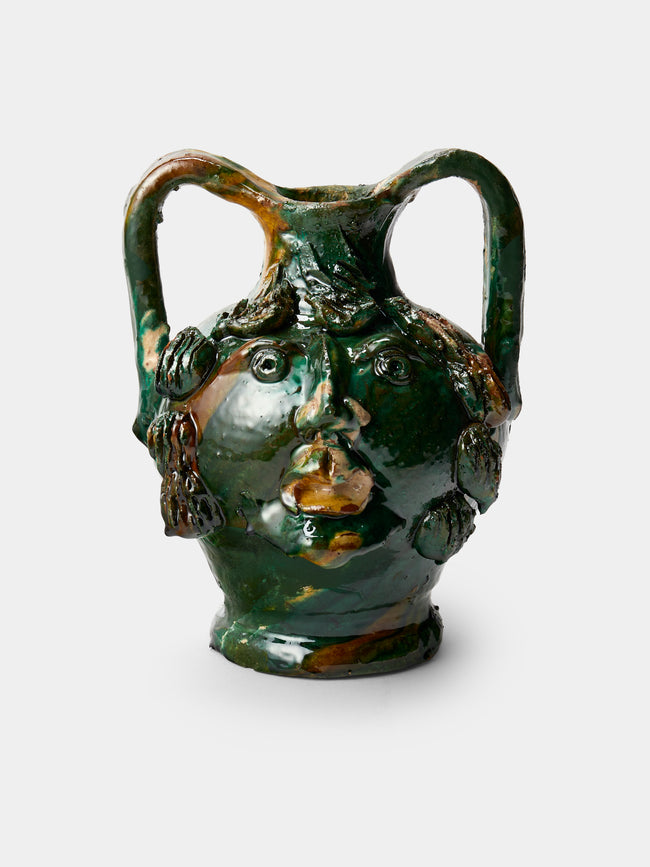 Antique and Vintage - 1990s Condurso Face Ceramic Vessel (10in/25cm) - Green - ABASK - 