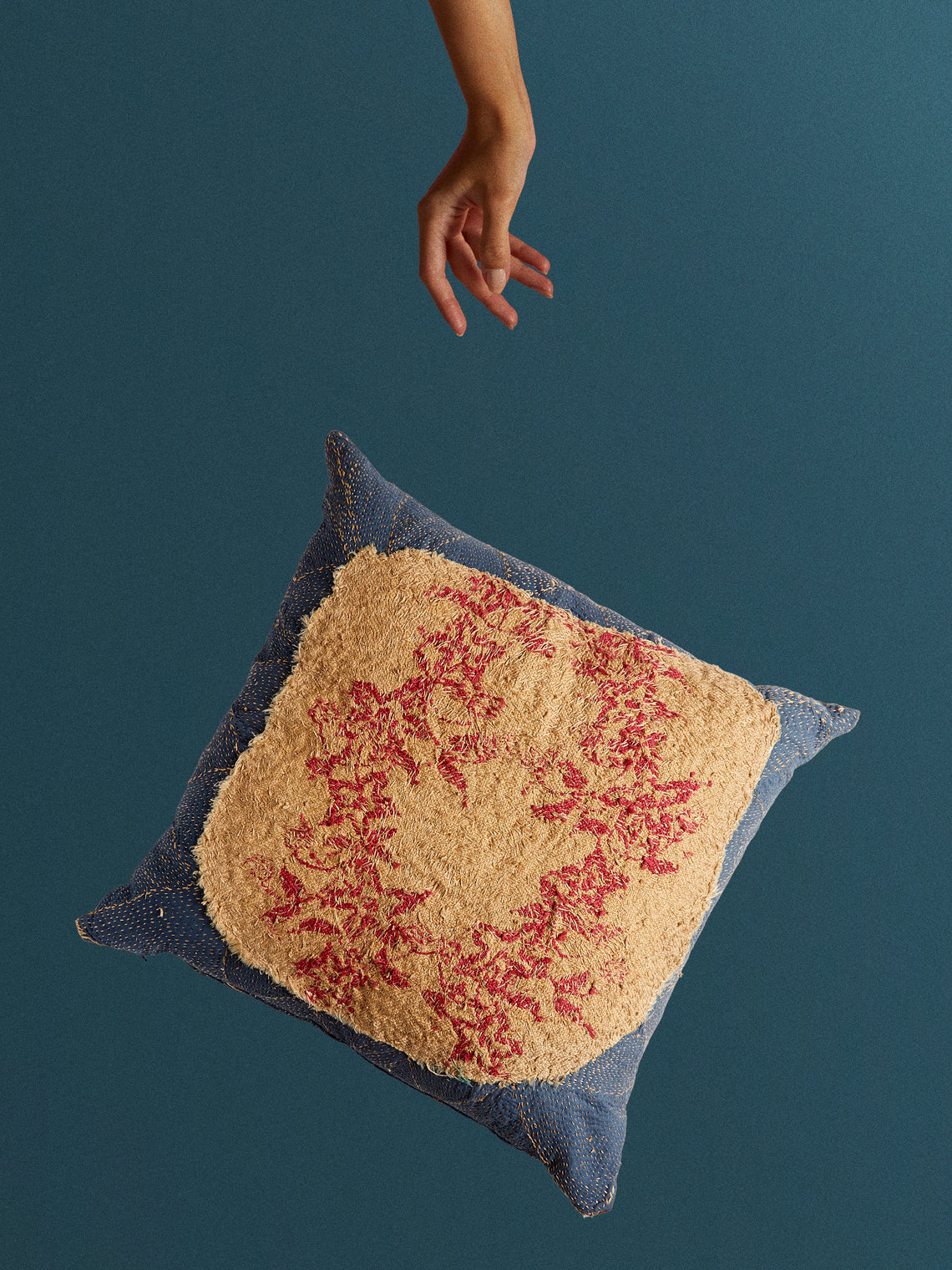 By Walid - 19th-Century Needlepoint Wool and Linen Cushion (26in/66cm) - Blue - ABASK