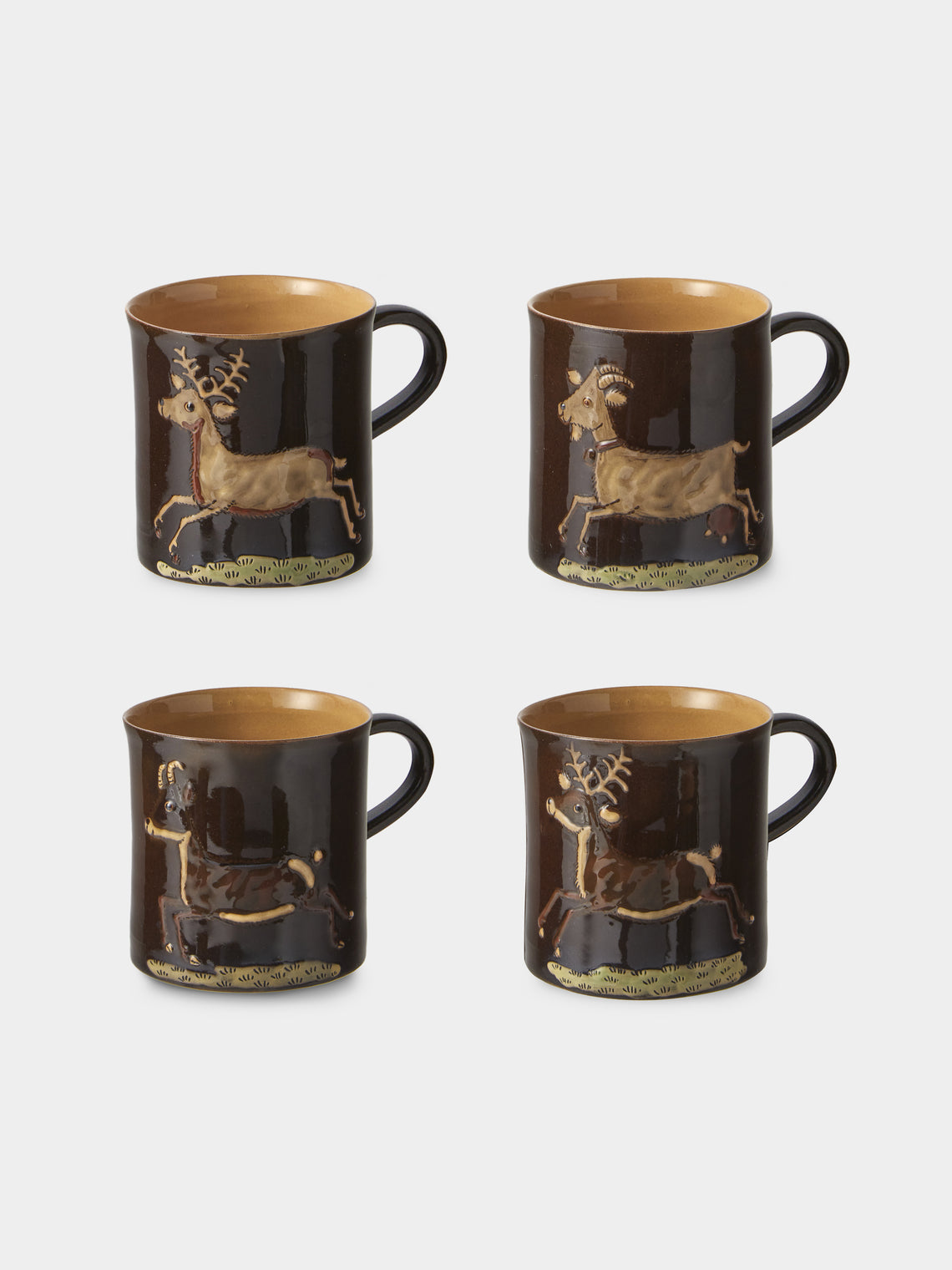 Poterie d’Évires - Animals Hand-Painted Ceramic Mugs (Set of 4) - Dark Brown - ABASK - 