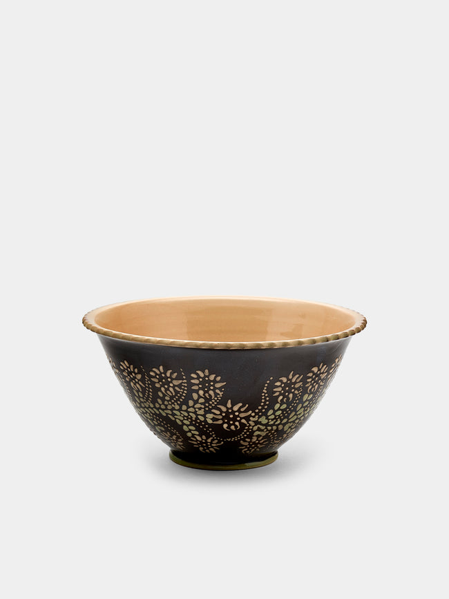 Poterie d’Évires - Flowers Hand-Painted Ceramic Small Fluted Serving Bowl - Dark brown - ABASK - 
