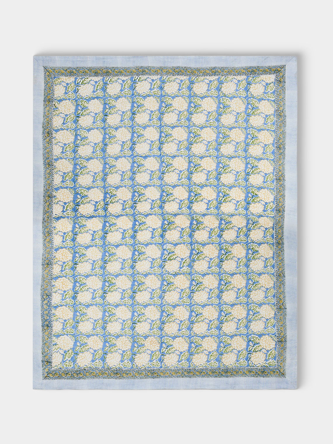 Chamois - Dahlia Block-Printed Linen Rectangular Tablecloth (90.5in/2.3m) - Blue - ABASK - 