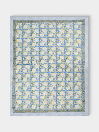 Chamois - Dahlia Block-Printed Linen Rectangular Tablecloth (90.5in/2.3m) - Blue - ABASK - 