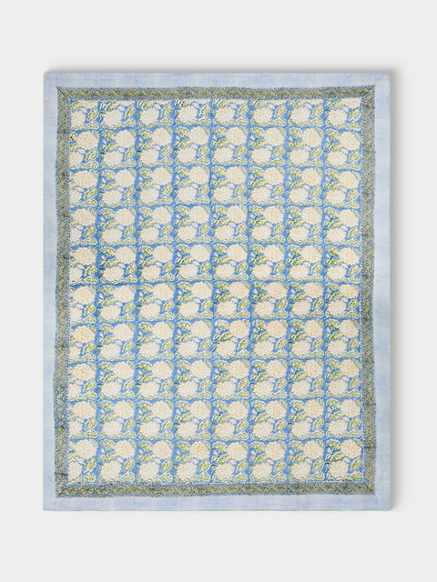 Chamois - Dahlia Block-Printed Linen Rectangular Tablecloth (90.5in/2.3m) - Blue - ABASK - 