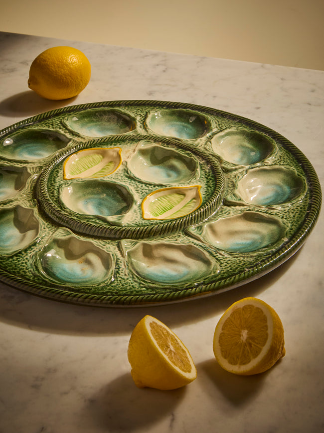 Antique and Vintage - Mid-Century Majolica Ceramic Oyster Plate (14.5in/37.5cm) - Multiple - ABASK
