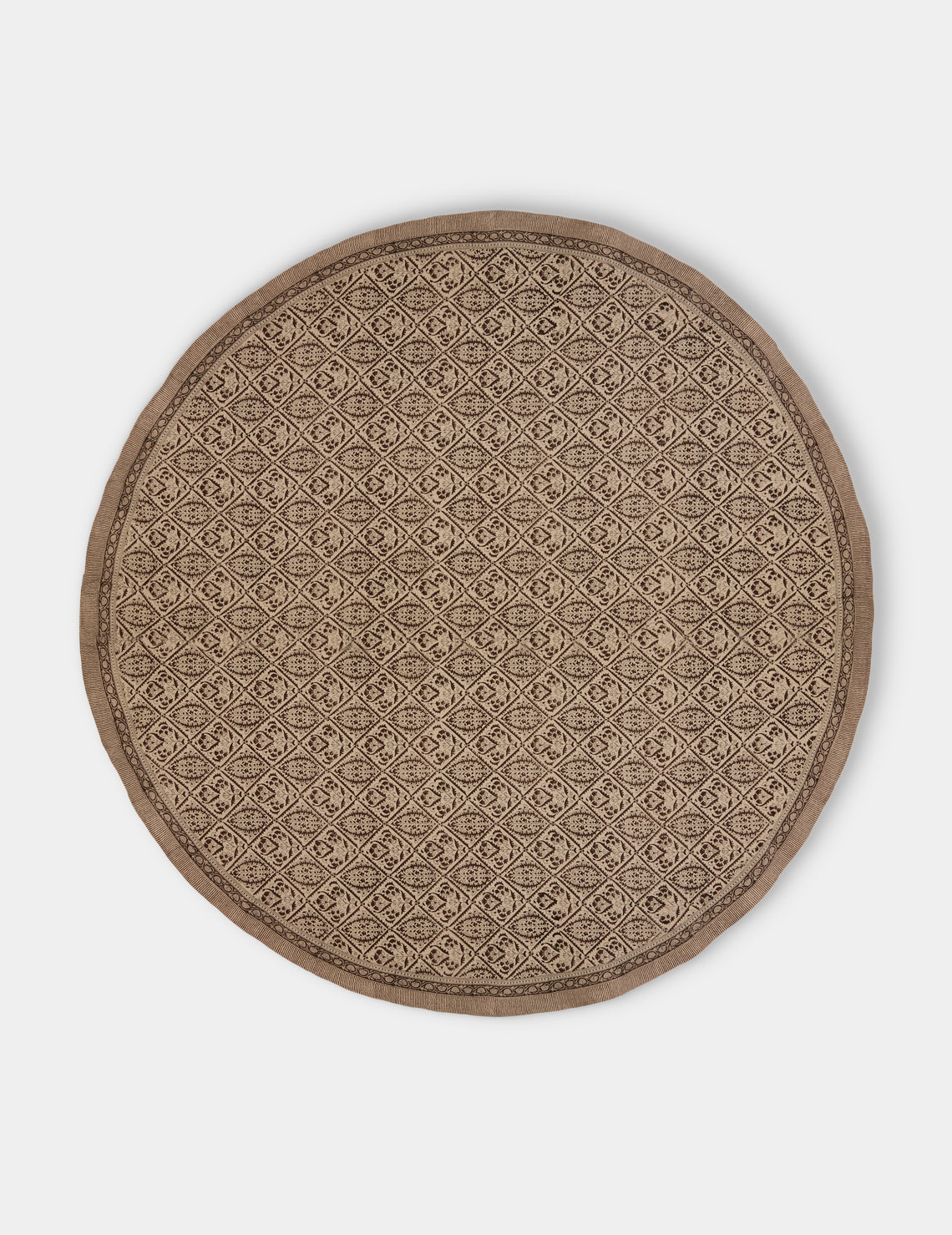Chamois - Jaipur Block-Printed Linen Round Tablecloth (86.5in/2.2m) - Brown - ABASK - 