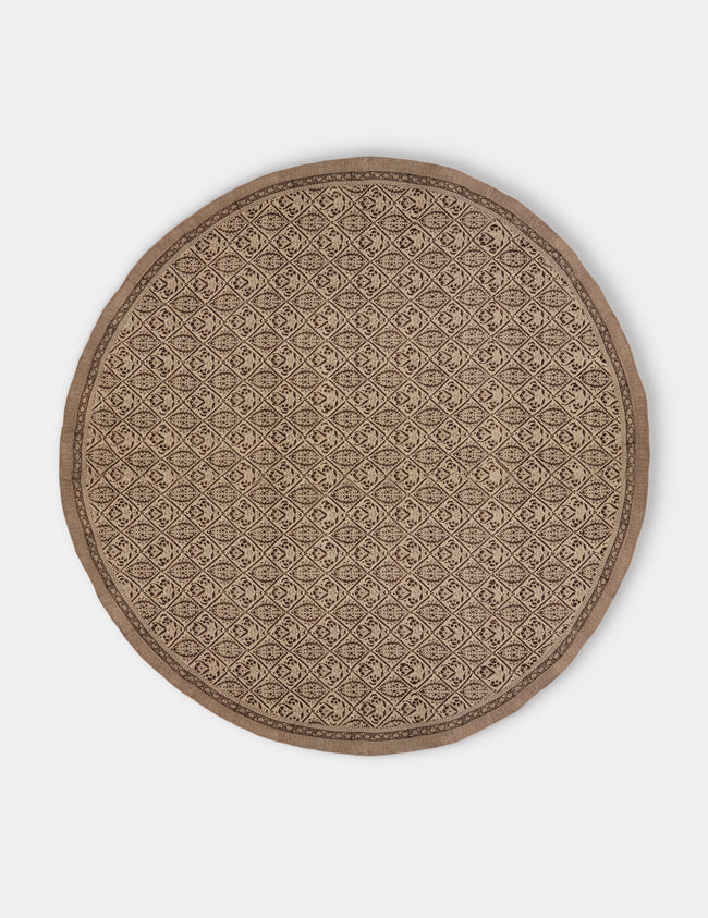Chamois - Jaipur Block-Printed Linen Round Tablecloth (86.5in/2.2m) - Brown - ABASK - 