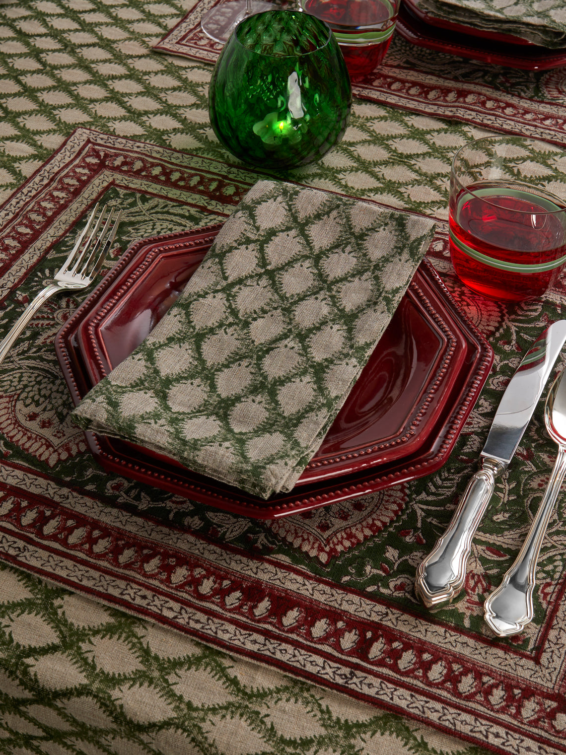 Chamois - Cypress Block-Printed Linen Napkins (Set of 4) - Green - ABASK