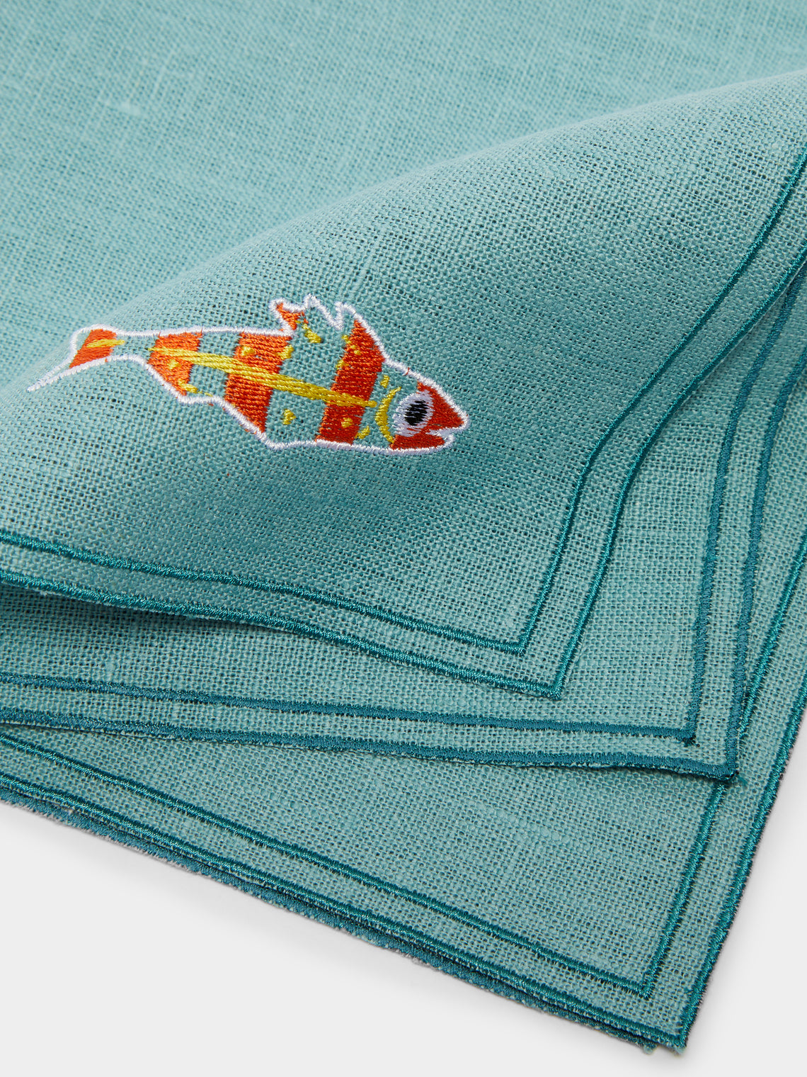 La Gallina Matta - Sardines Embroidered Linen Napkins (Set of 4) -  - ABASK
