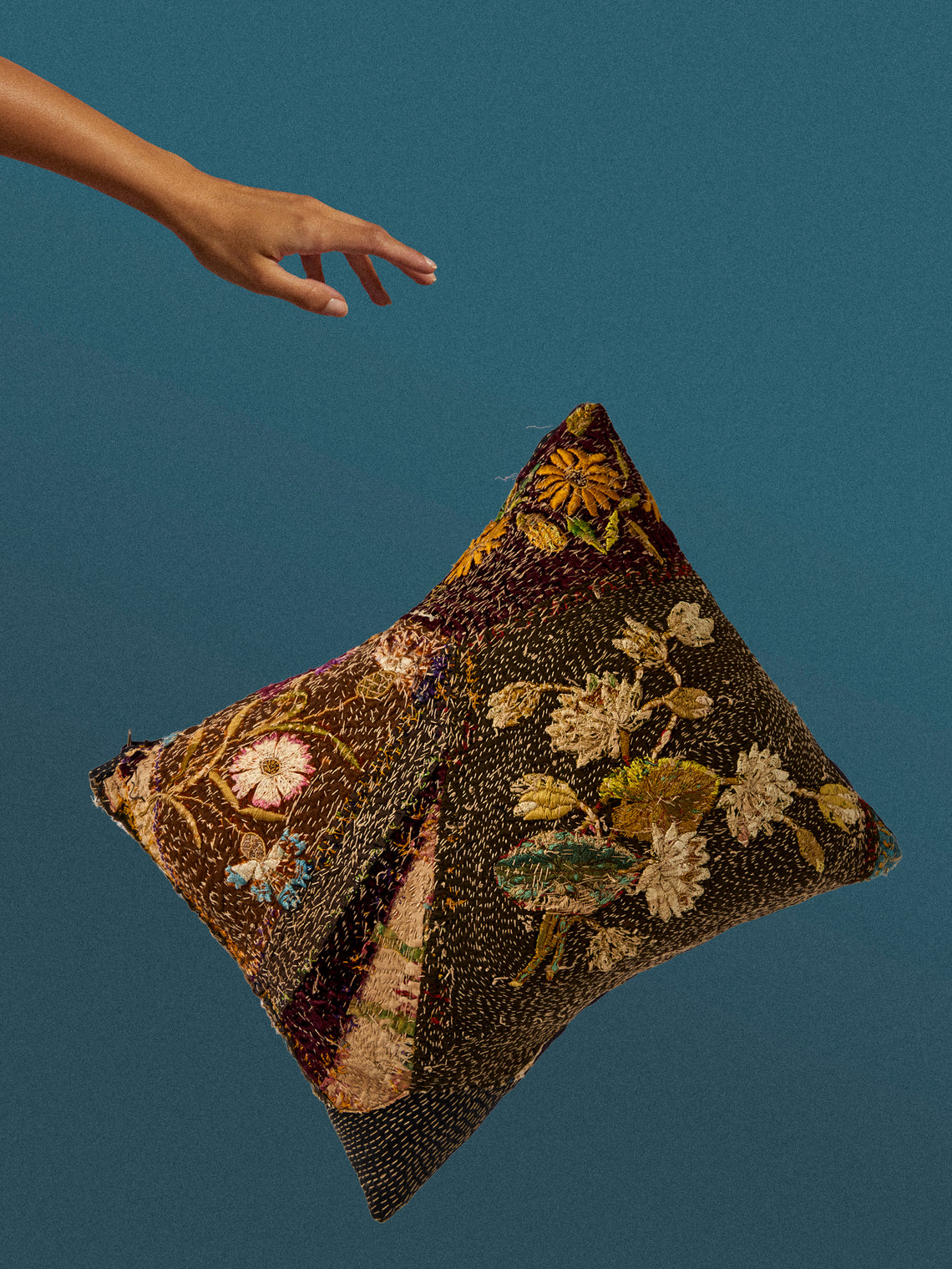 By Walid - 19th-Century Victorian Silk and Velvet Embroidered Cotton Cushion (19.5in/50cm) - Multiple - ABASK