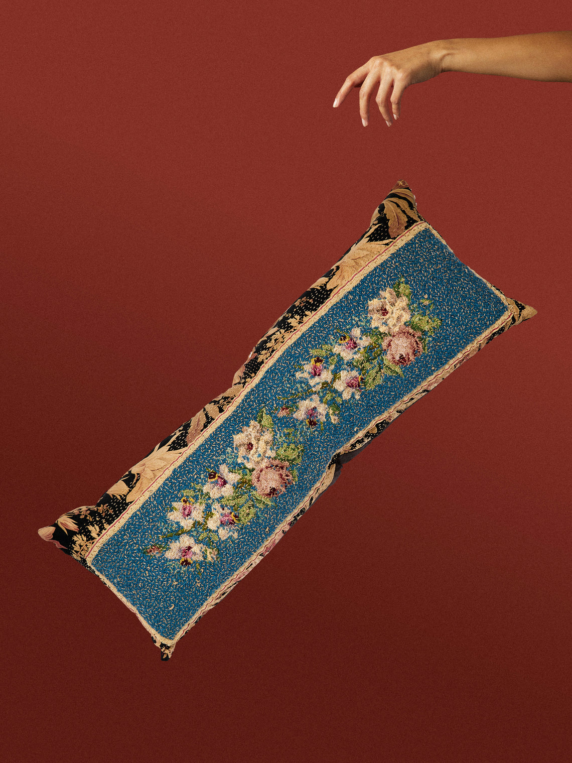 By Walid - 19th-Century Needlepoint Wool and French Napoleon III Printed Cotton Pillow (34.5in/88cm) - Multiple - ABASK