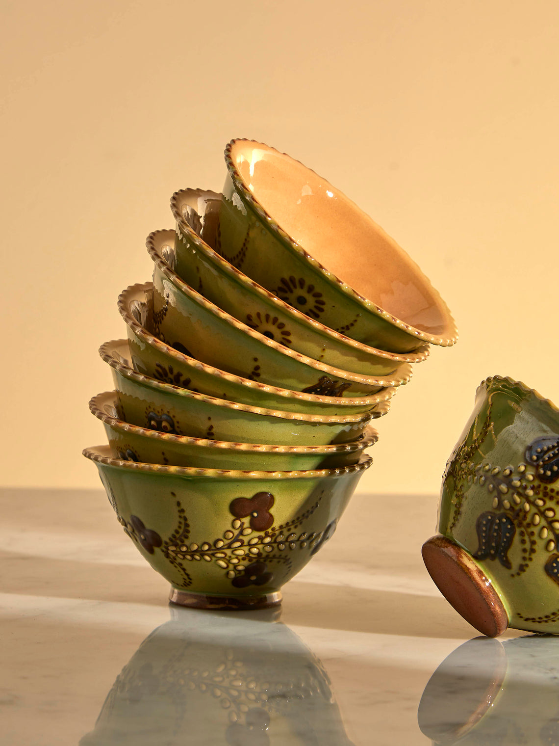 Poterie d’Évires - Flowers Hand-Painted Ceramic Small Fluted Bowls (Set of 8) - Green - ABASK