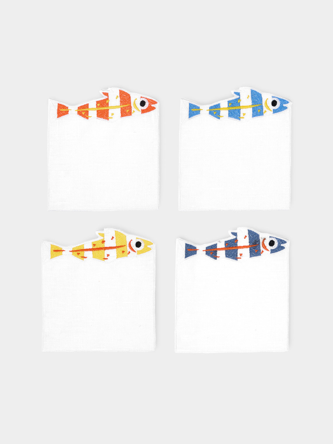 Sardines Embroidered Linen Cocktail Napkins (Set of 4)