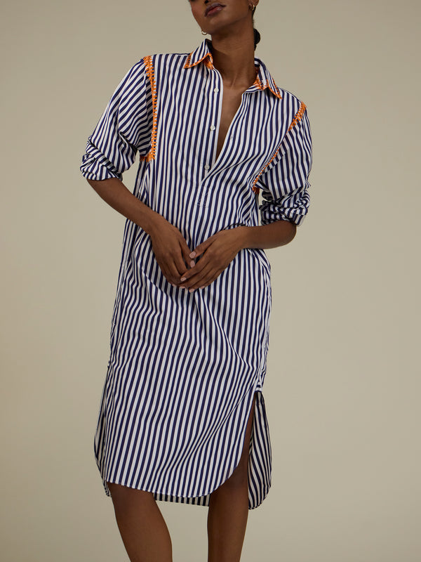 Sebline - Marocaine Hand-Embroidered Cotton Chemise Robe - Blue - ABASK