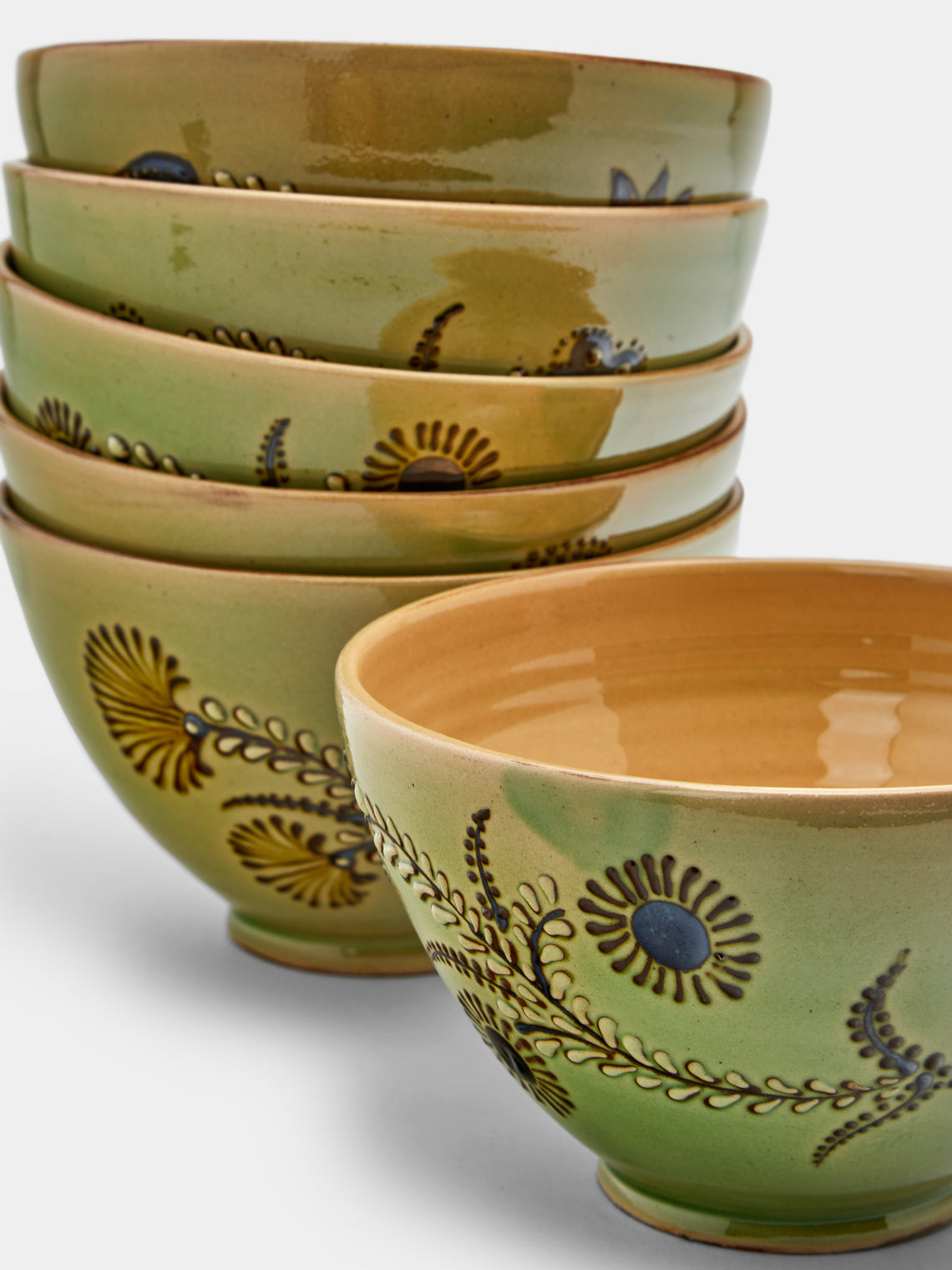 Poterie d’Évires - Flowers Hand-Painted Ceramic Bowls (Set of 6) - Green - ABASK
