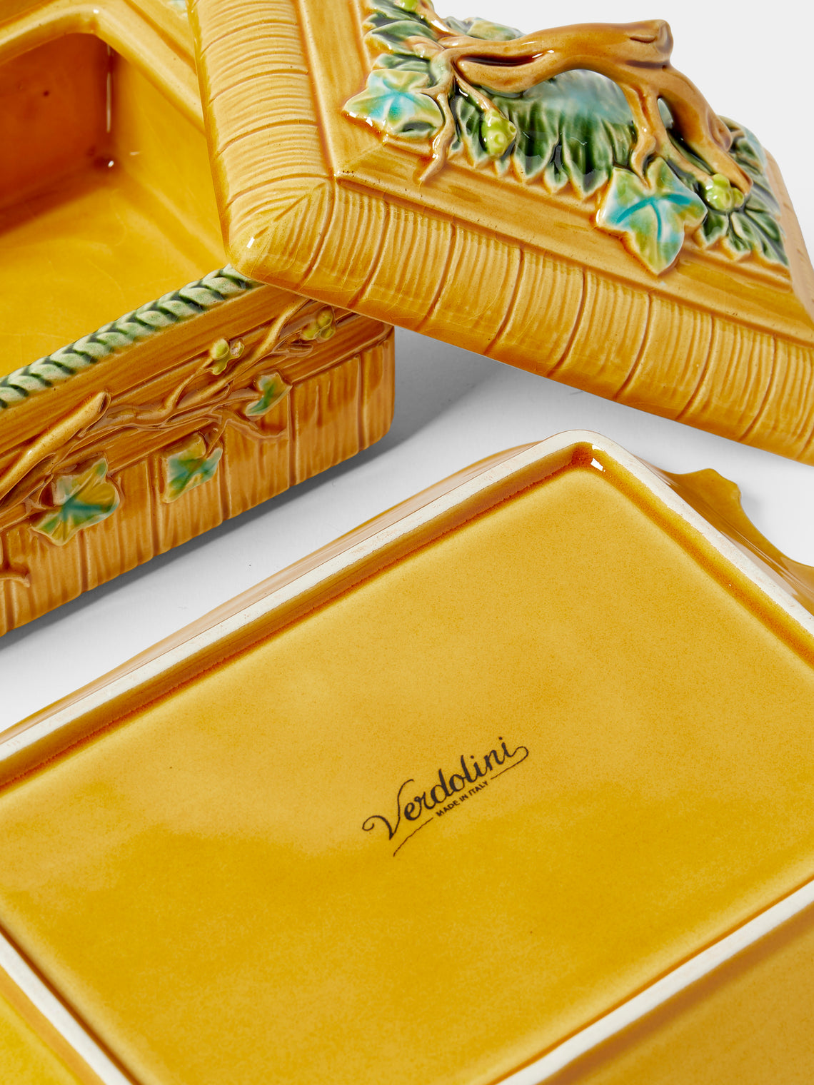 Verdolini - Branches Hand-Painted Majolica Ceramic Box with Stand - Yellow - ABASK