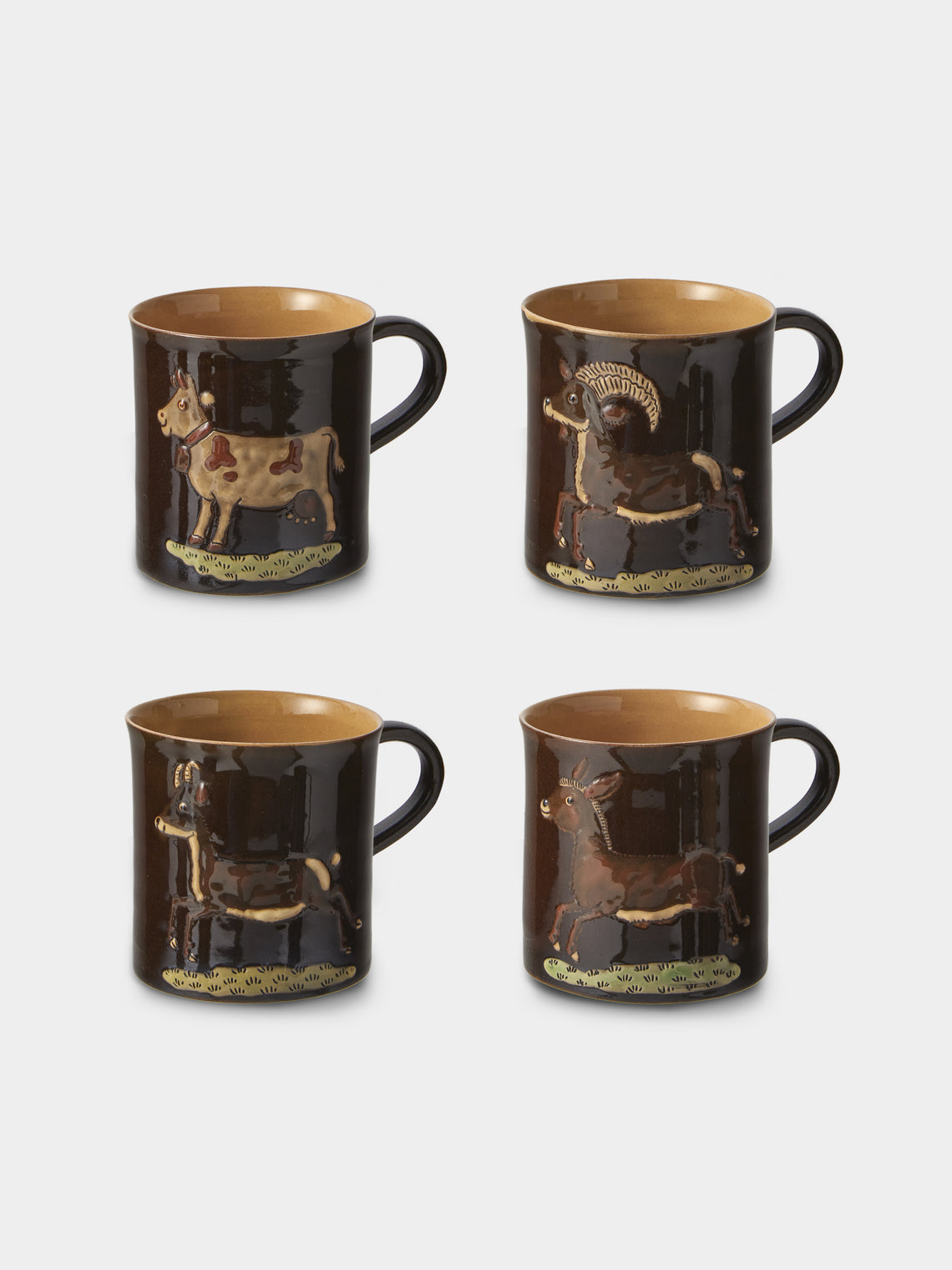 Poterie d’Évires - Animals Hand-Painted Ceramic Mugs (Set of 4) - Dark Brown - ABASK - 