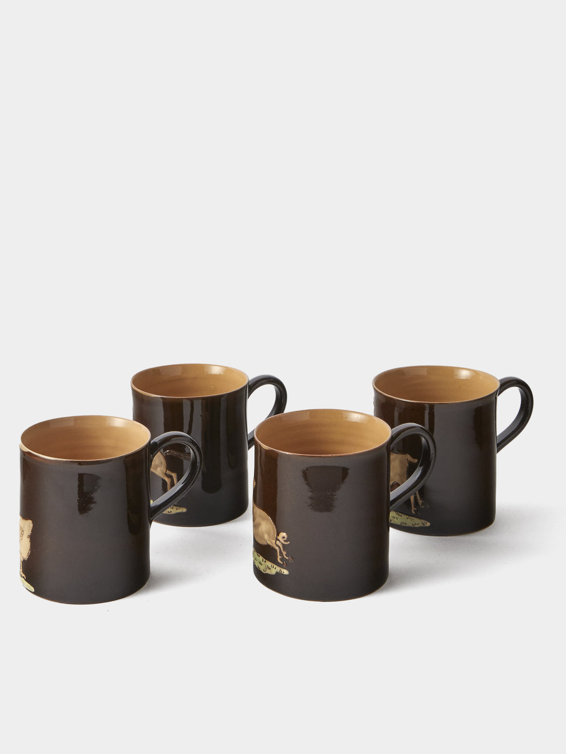 Poterie d’Évires - Animals Hand-Painted Ceramic Mugs (Set of 4) - Dark Brown - ABASK
