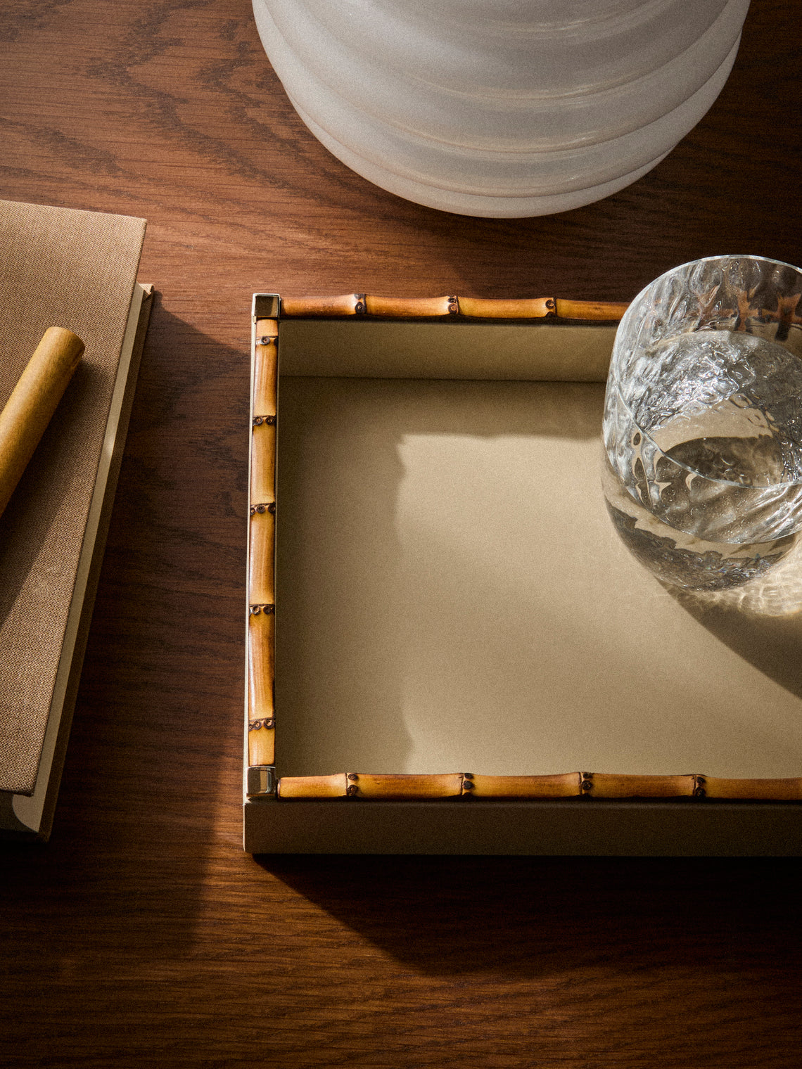 Riviere - Bice Nabuk Leather and Bamboo Valet Tray (9.5in/24cm) - Cream - ABASK