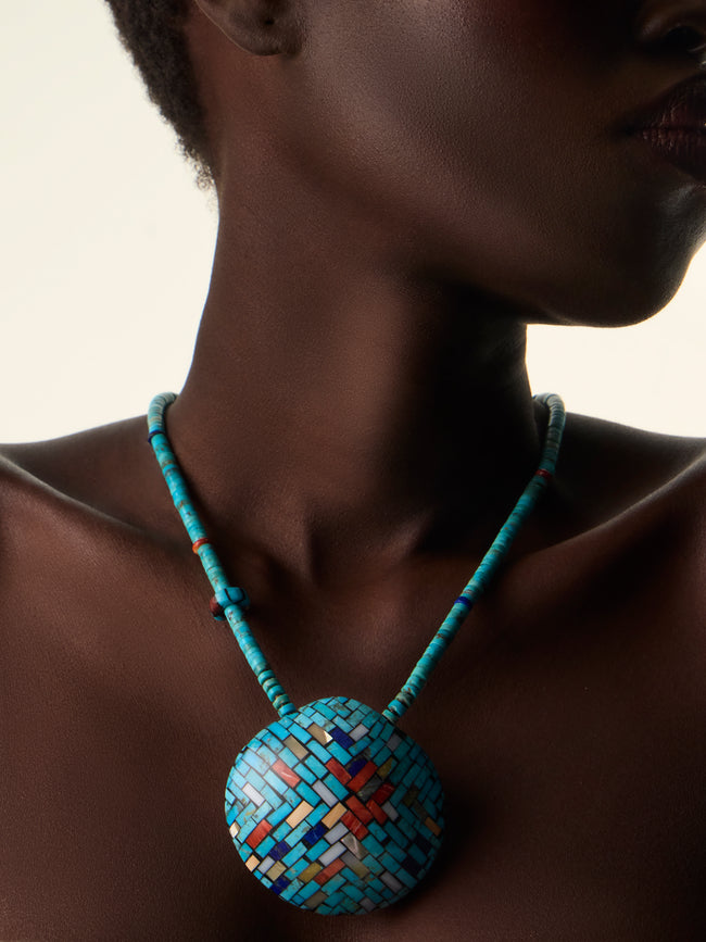 Mahnaz Collection - Women's Vintage Charlene Reano Double-Sided Mosaic Inlay Shell Necklace - Multiple - ABASK