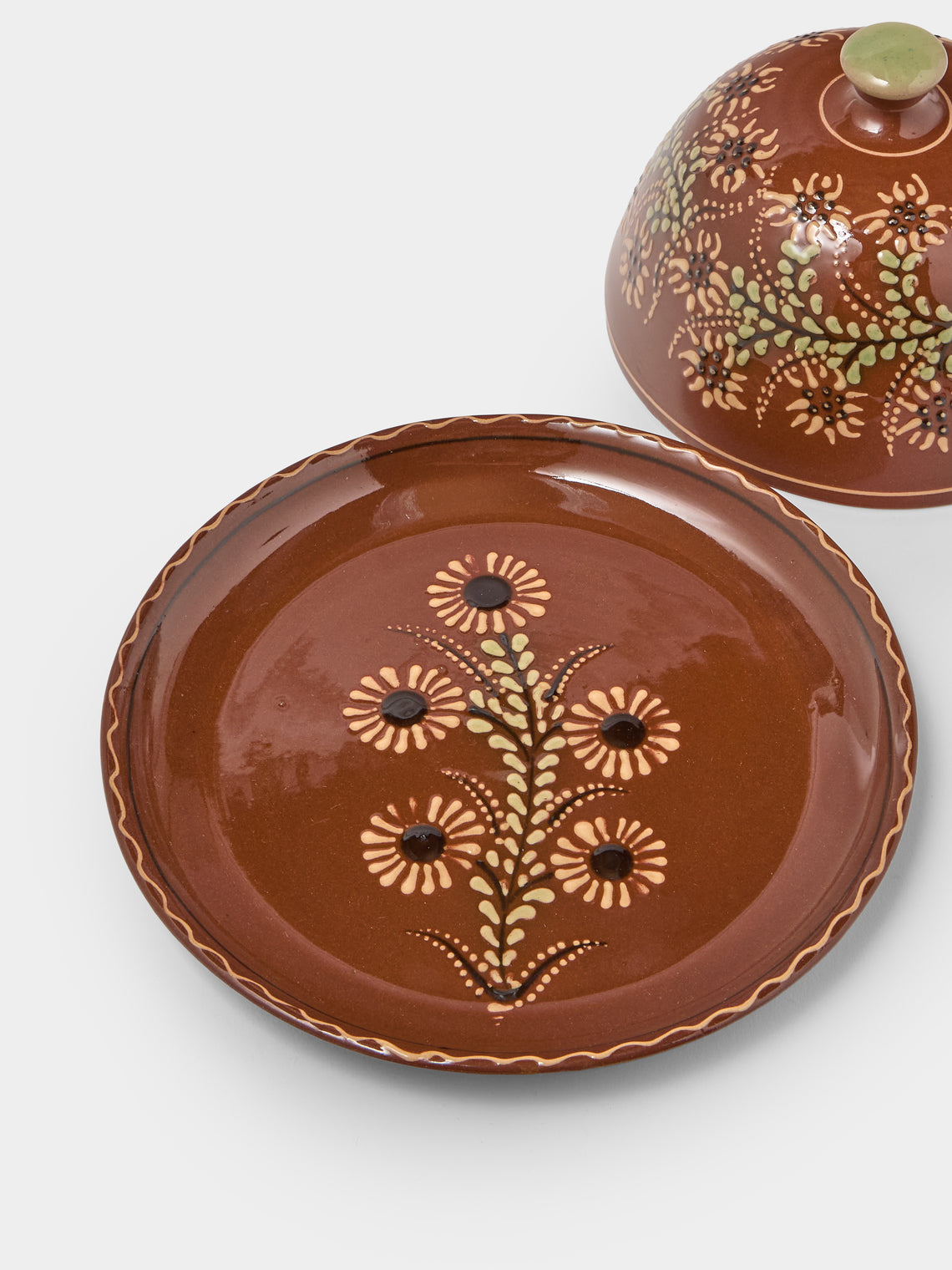 Poterie d’Évires - Flowers Hand-Painted Ceramic Large Lidded Butter Dish - Light brown - ABASK