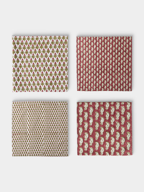 Chamois - Paisley Hyacinth Block-Printed Cotton Napkins (Set of 8) - Red - ABASK - 