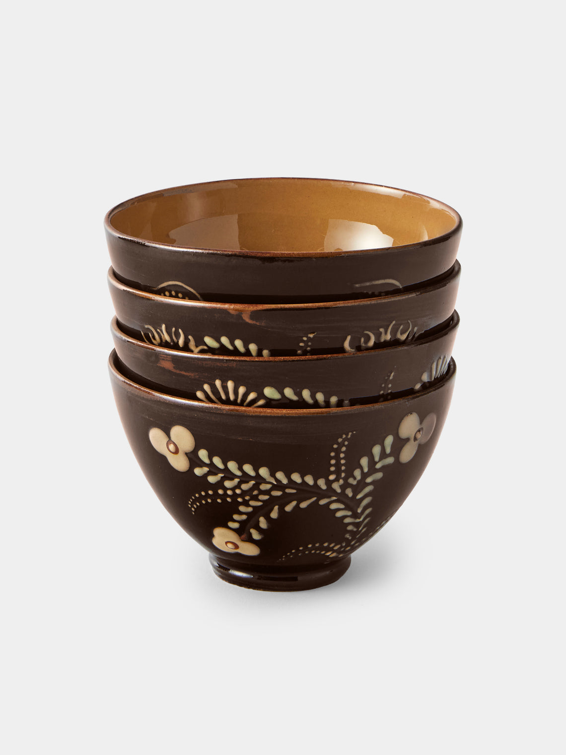 Poterie d’Évires - Flowers Hand-Painted Ceramic Small Bowls (Set of 4) - Dark Brown - ABASK - 