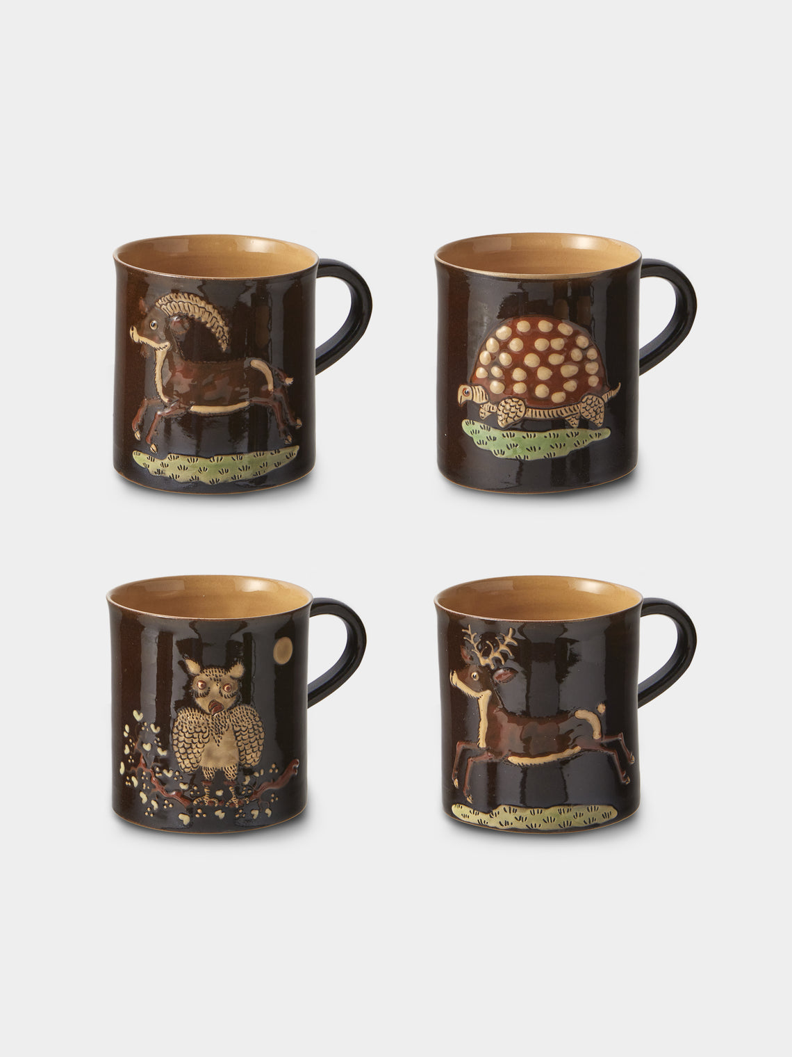 Poterie d’Évires - Animals Hand-Painted Ceramic Mugs (Set of 4) - Dark Brown - ABASK - 