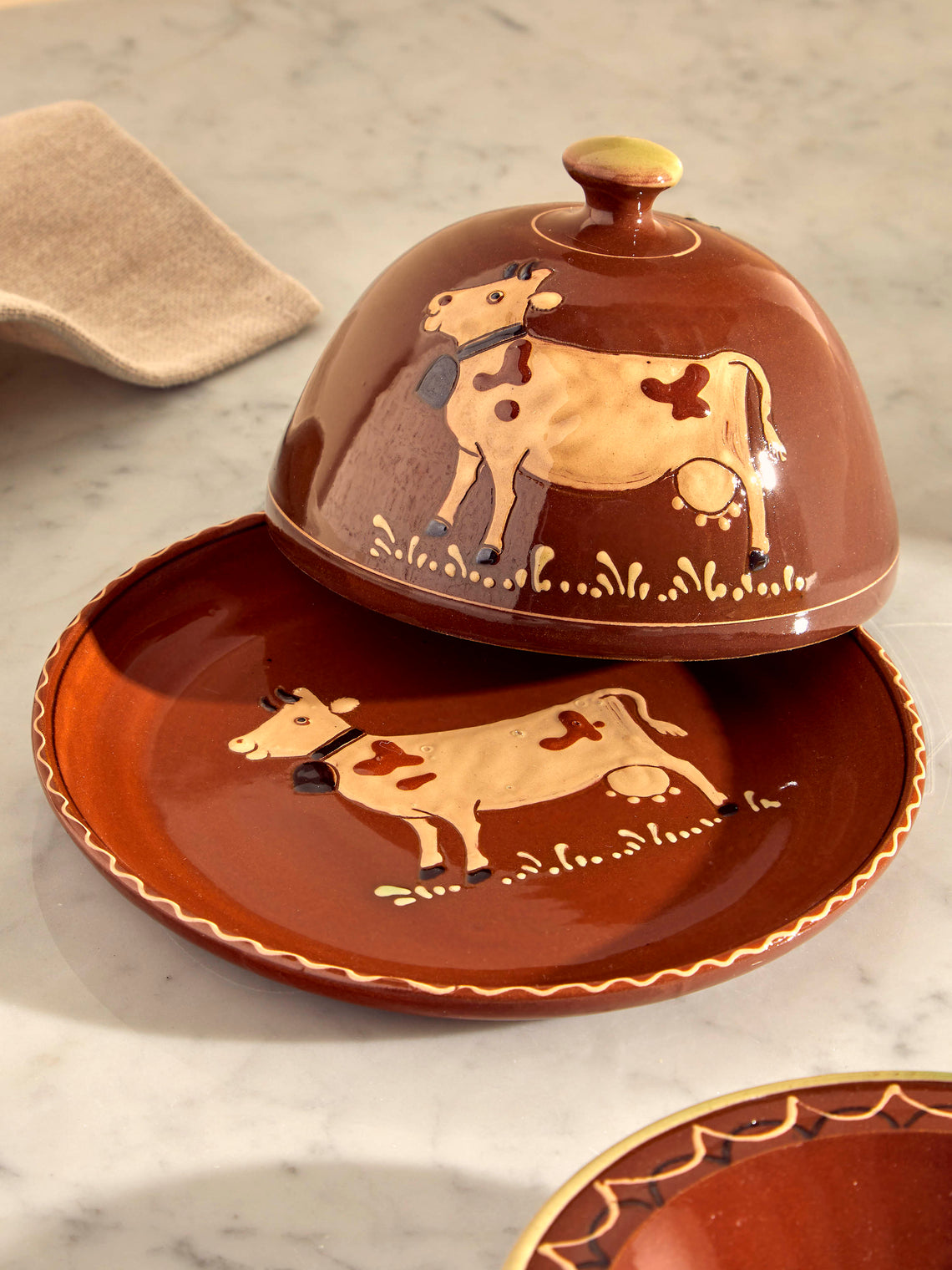 Poterie d’Évires - Cows Hand-Painted Ceramic Large Butter Dish - Light brown - ABASK