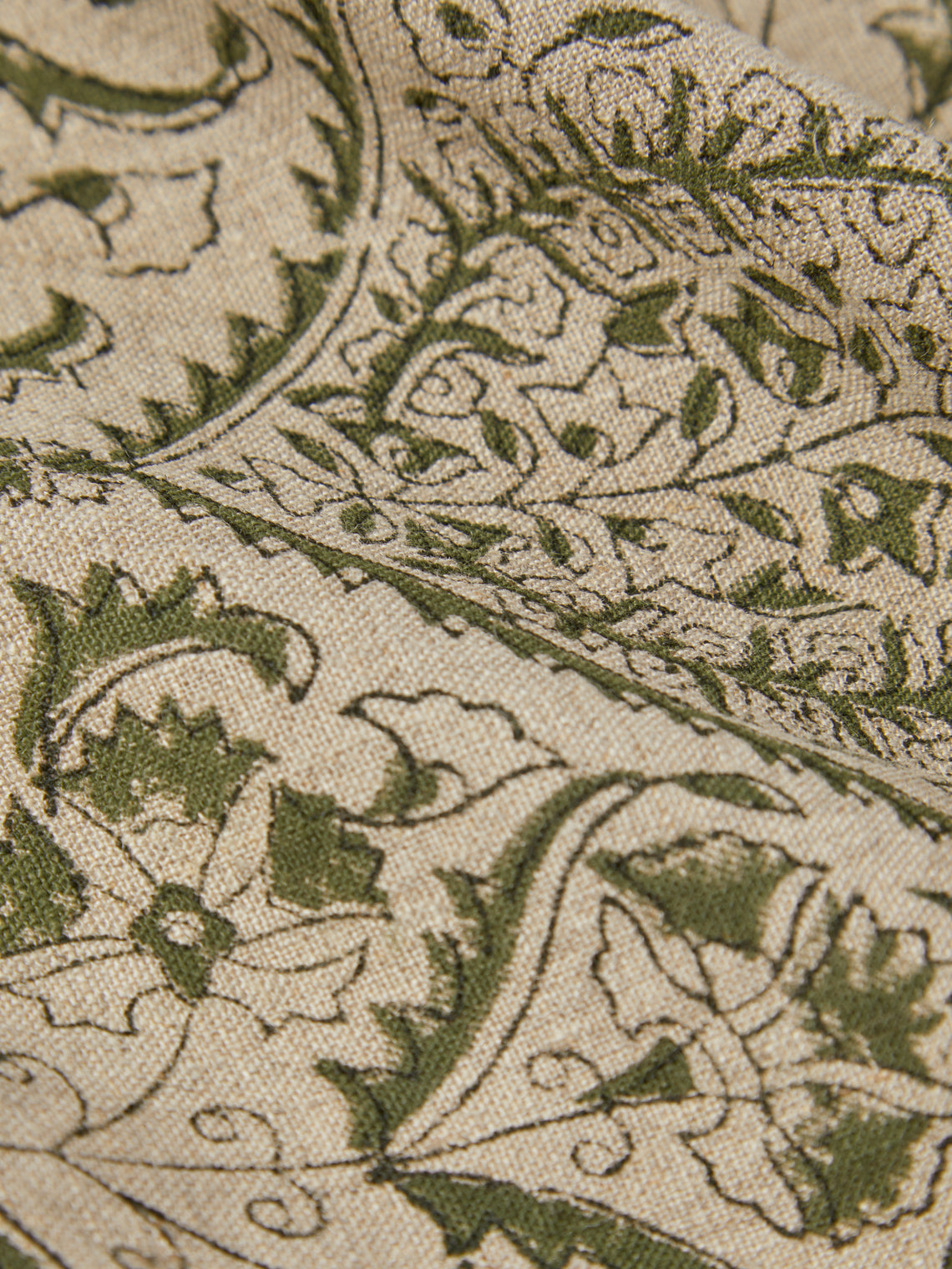 Chamois - Jaipur Block-Printed Linen Round Tablecloth (86.5in/2.2m) - Green - ABASK
