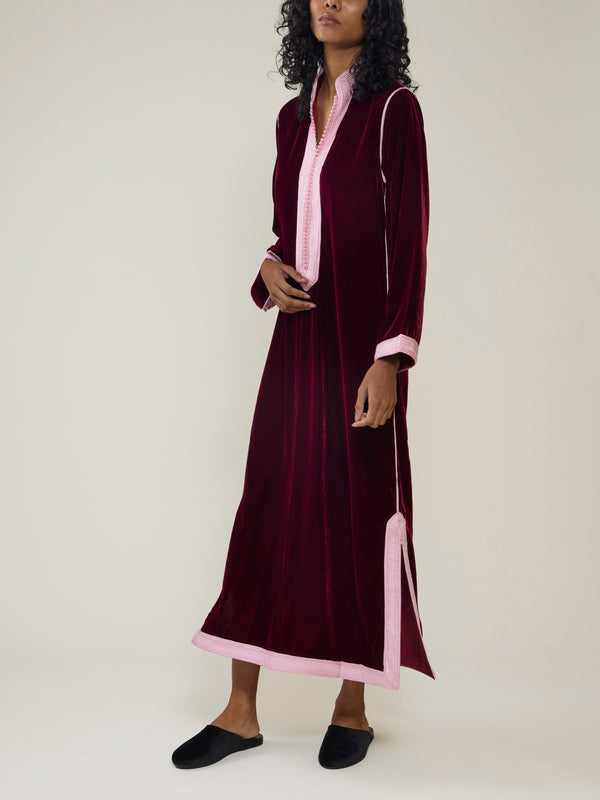 Muzungu Sisters - Alia Hand-Embroidered Velvet Dress | Size: S - Burgundy - ABASK