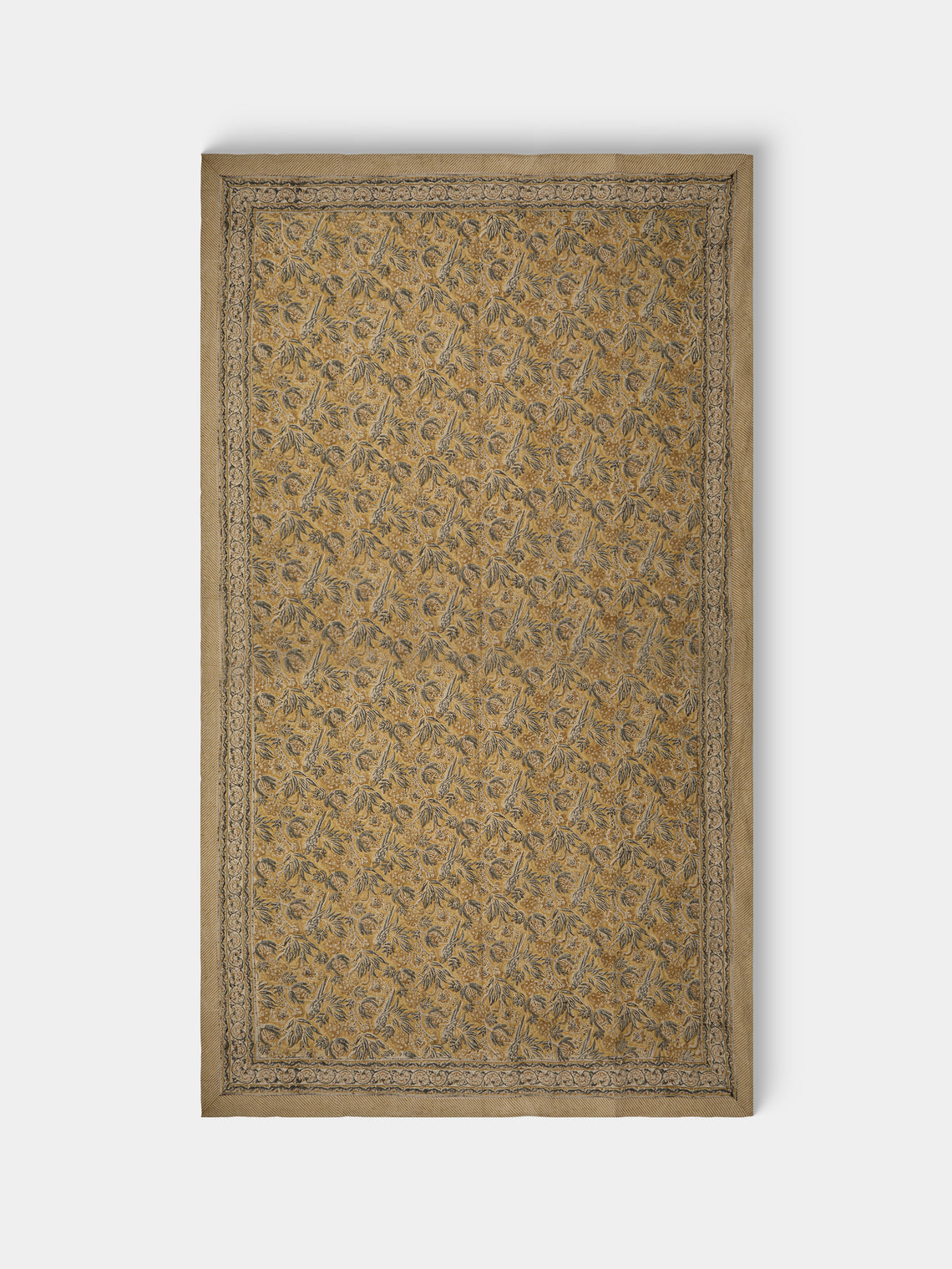 Chamois - Parrot Block-Printed Linen Rectangular Tablecloth (138in/3.5m) - Multiple - ABASK