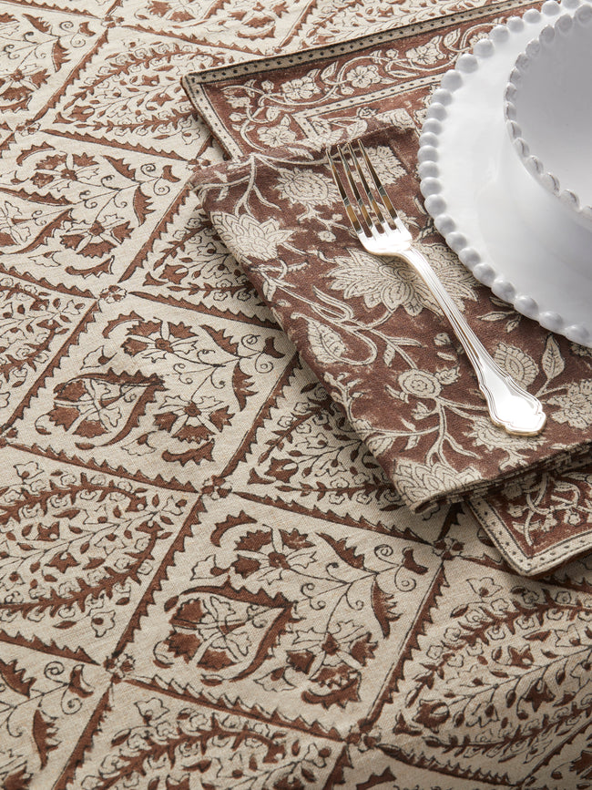 Chamois - Jaipur Block-Printed Linen Rectangular Tablecloth (106in/2.7m) - Brown - ABASK