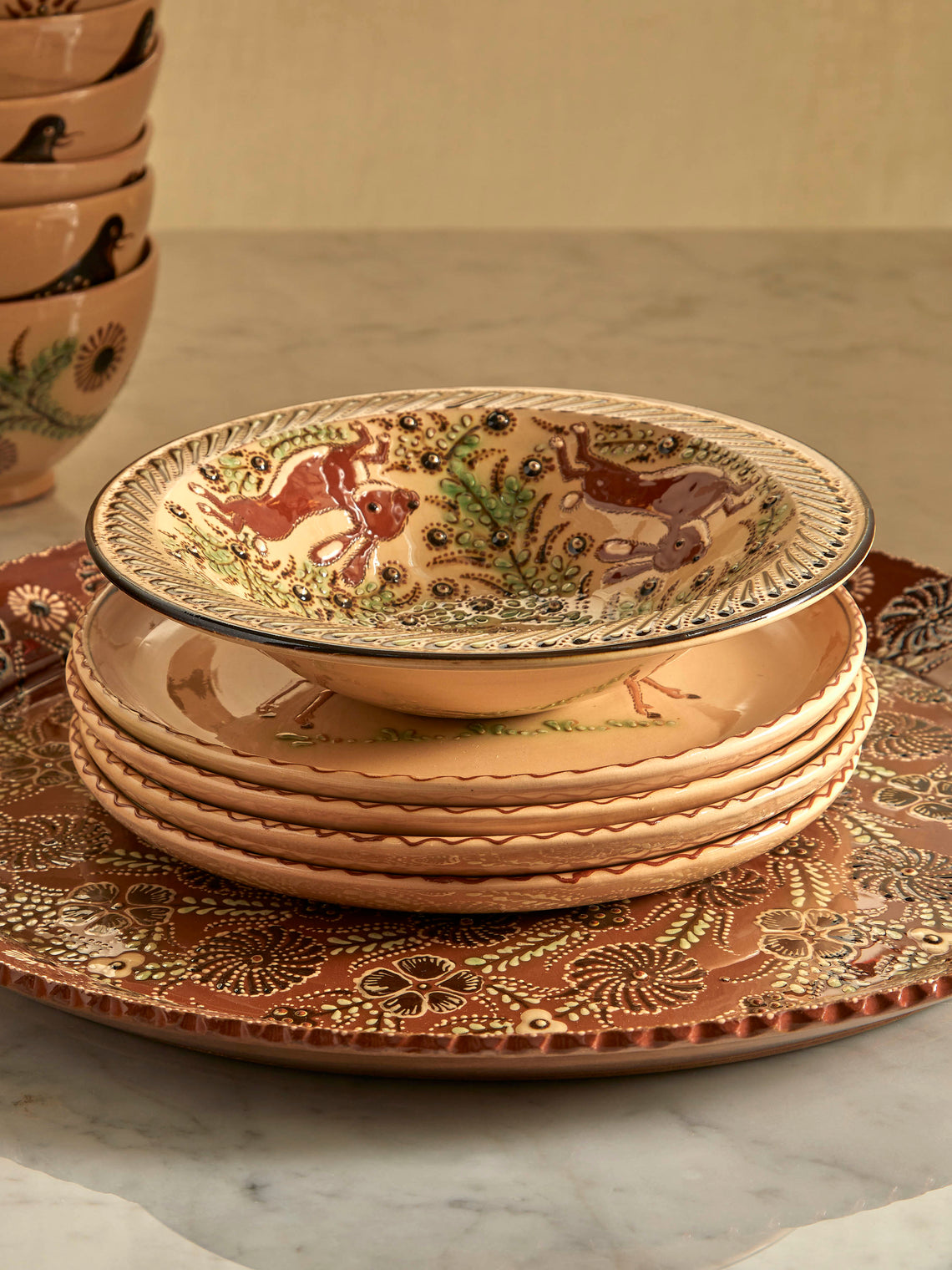 Poterie d’Évires - Rabbits Hand-Painted Ceramic Small Serving Bowl - Cream - ABASK