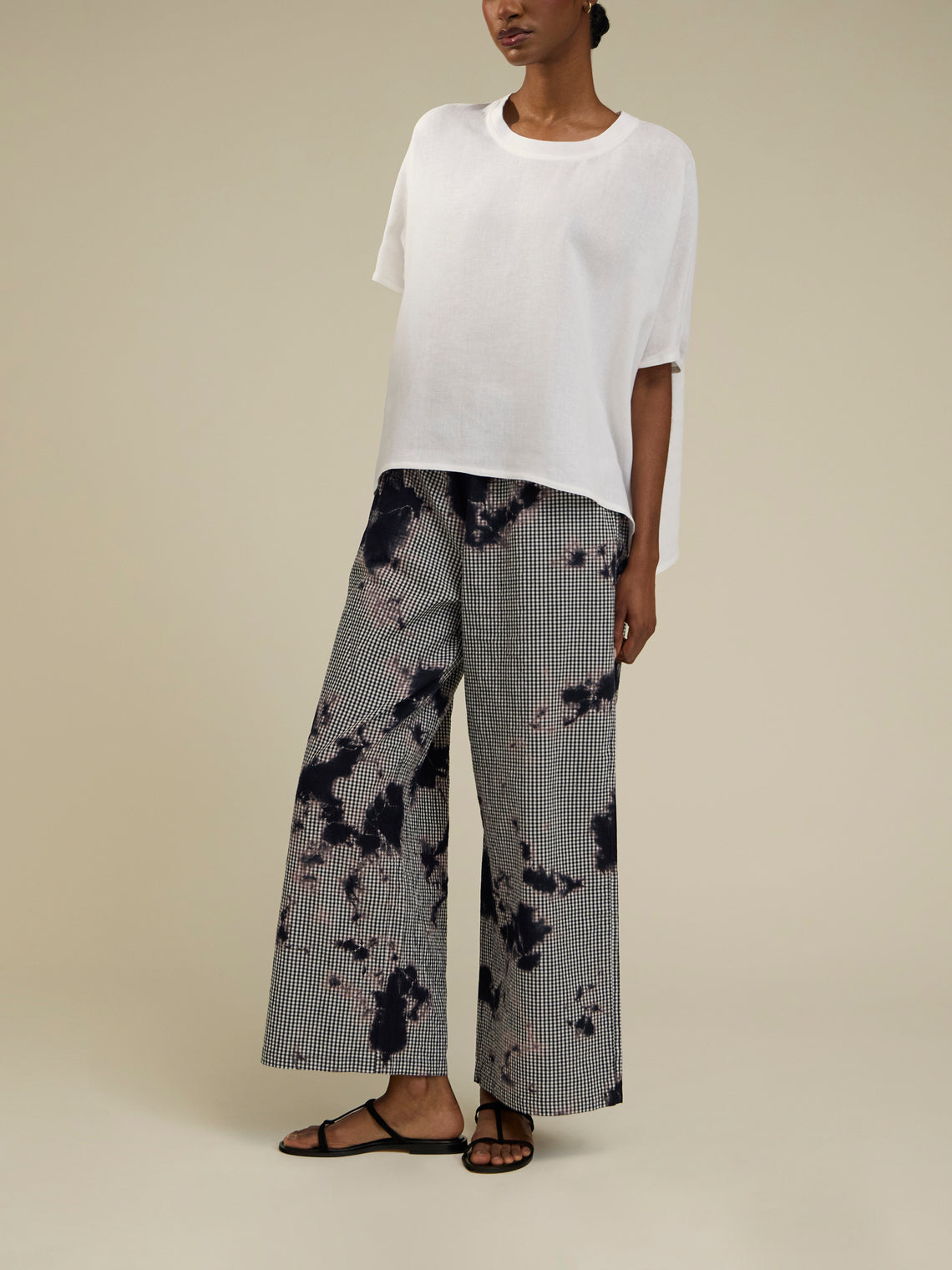 Suzusan - Madara Shibori Cotton Gingham Wide Trousers - Black - ABASK