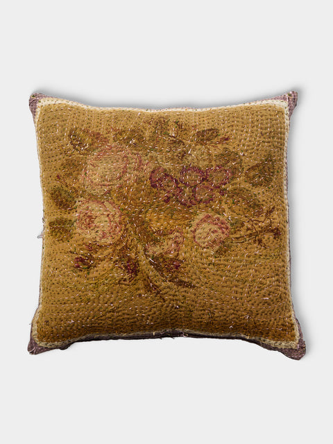 By Walid - 19th-Century Needlepoint Wool, Lace and Damask Cushion (32.5in/83cm) - Yellow - ABASK - 