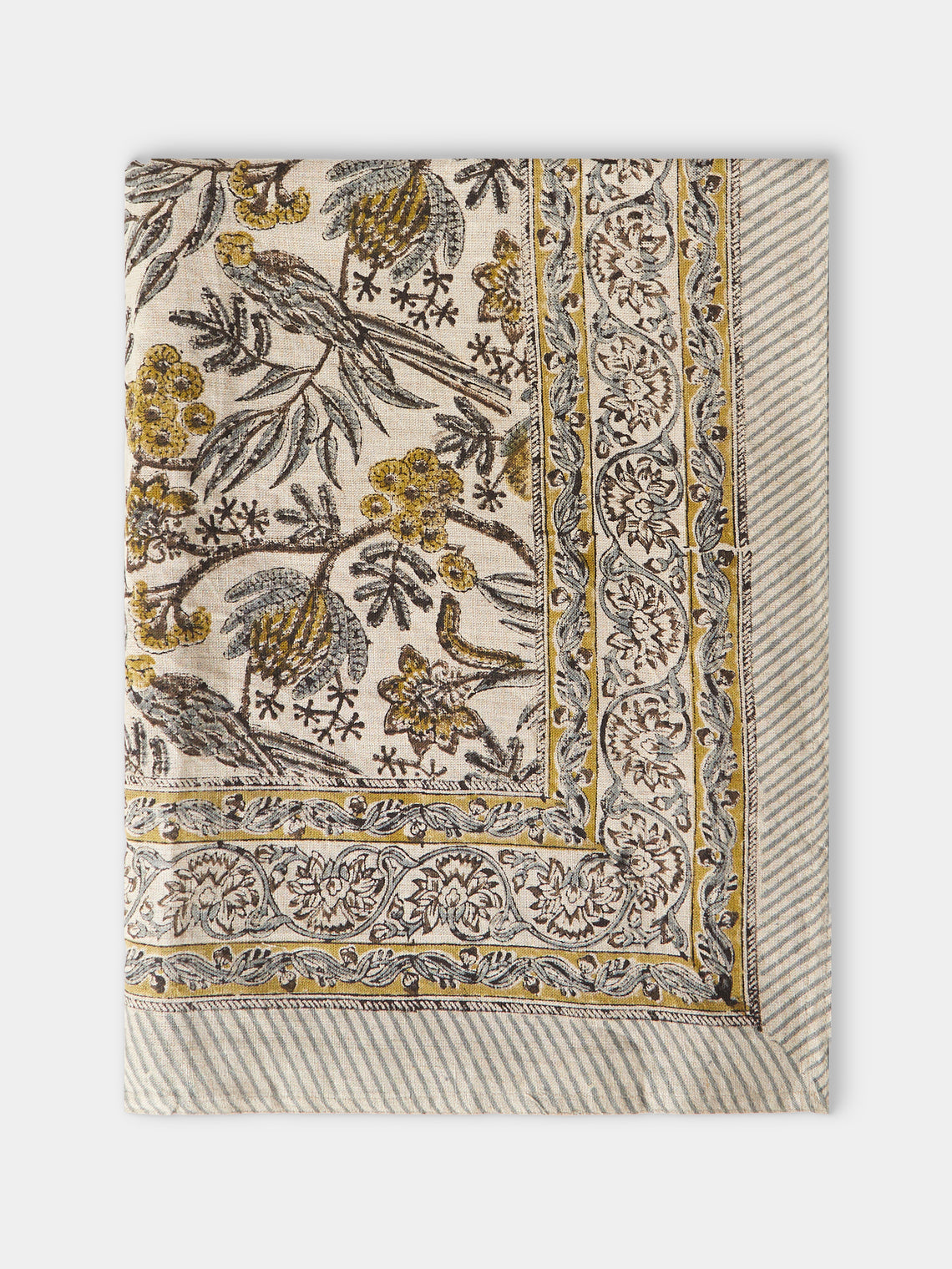 Chamois - Parrot Block-Printed Linen Rectangular Tablecloth (90.5in/2.3m) - Natural - ABASK - 