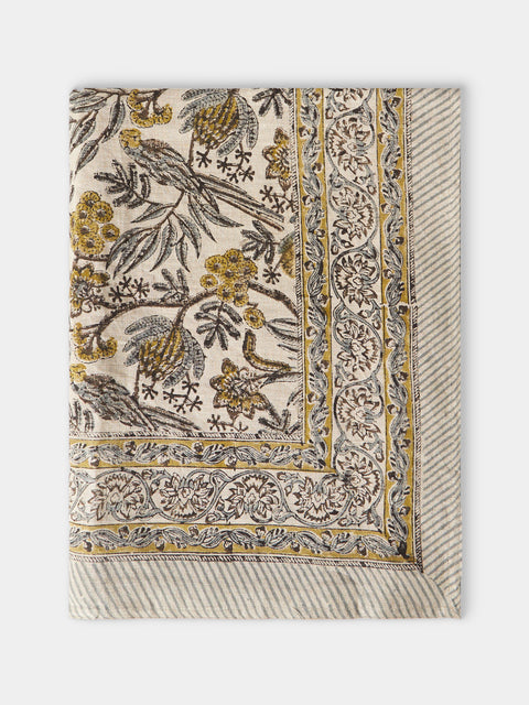 Chamois - Parrot Block-Printed Linen Rectangular Tablecloth (90.5in/2.3m) - Natural - ABASK - 