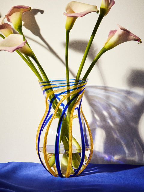 Antique and Vintage - 1980s Fratelli Toso Striped Murano Glass Vase (11in/28.5cm) - Clear - ABASK