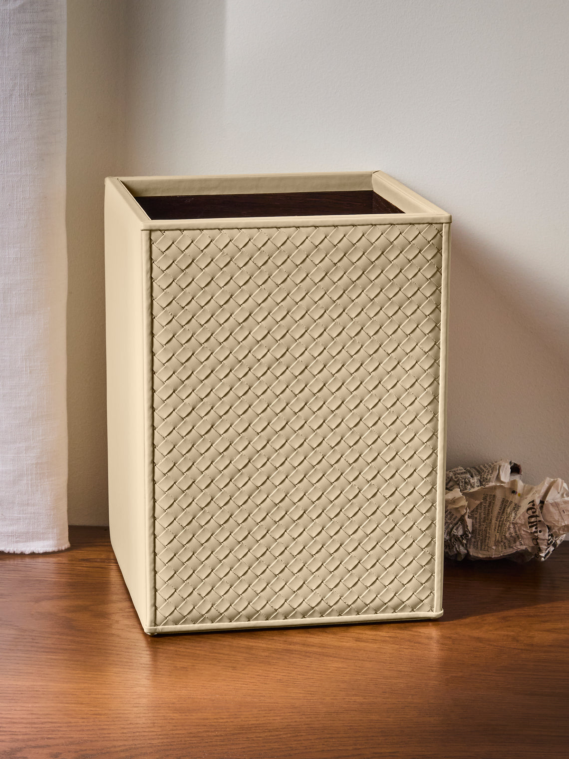 Riviere - Ivo Woven Leather Wastepaper Bin - Ivory - ABASK