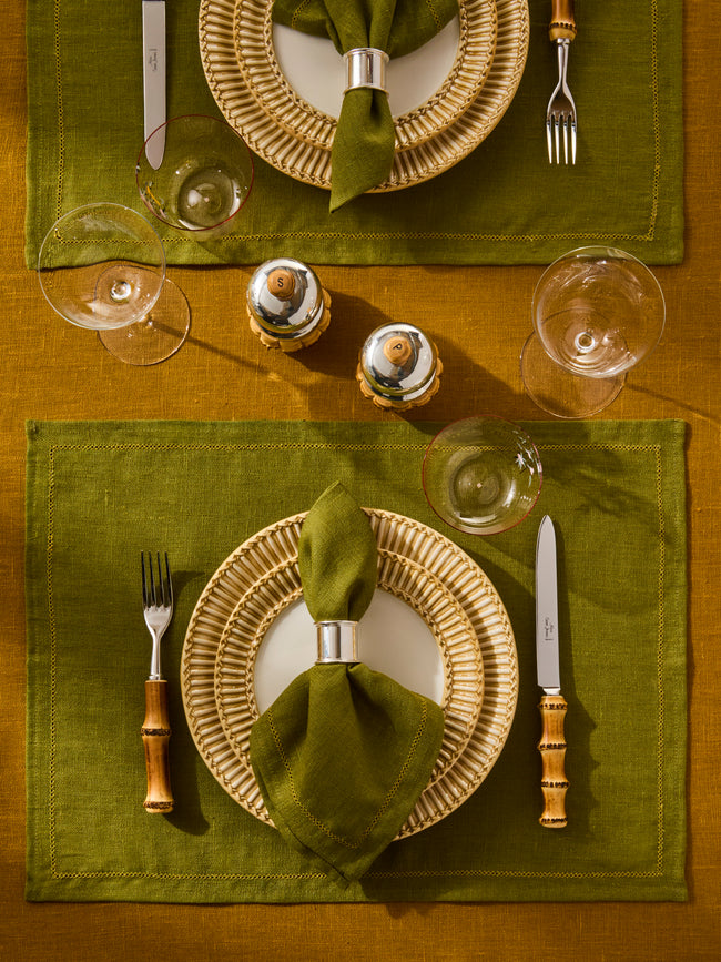 Volga Linen - Hem-Stitch Linen Placemats (Set of 6) - Green - ABASK