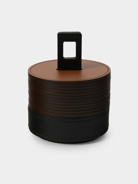RUDI - | Set of 12 | Nautilus Leather Coasters with Holder - Black - ABASK - 
